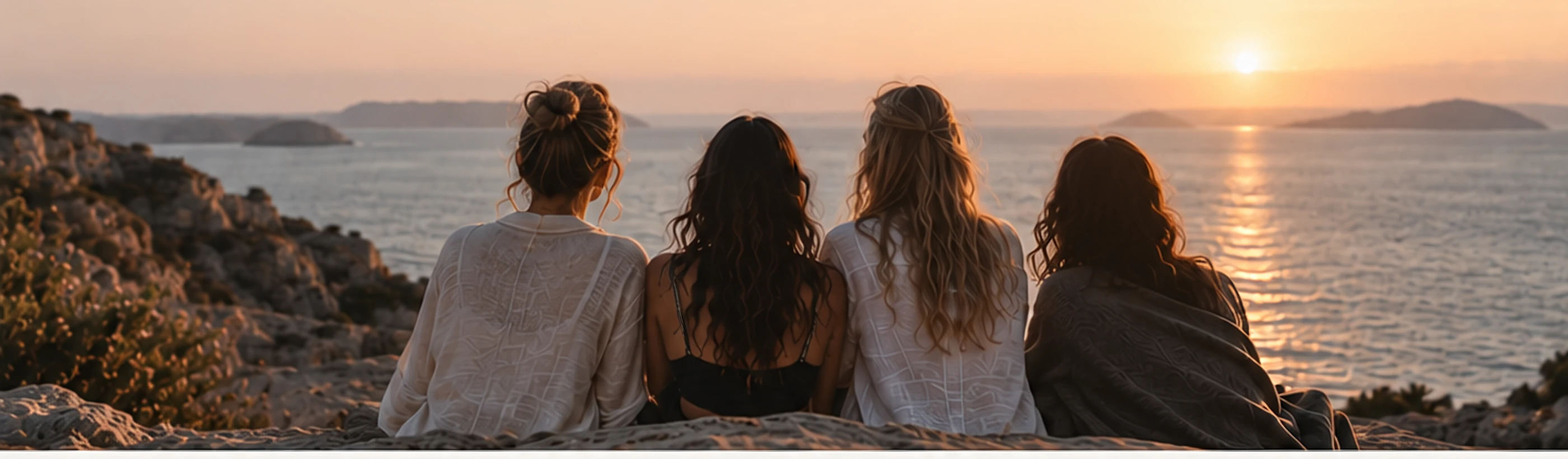 Four women sitting together on rocks, watching the sun set over the sea