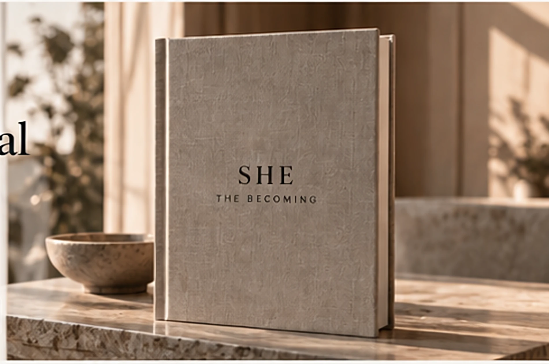 The Becoming journal standing on a marble table