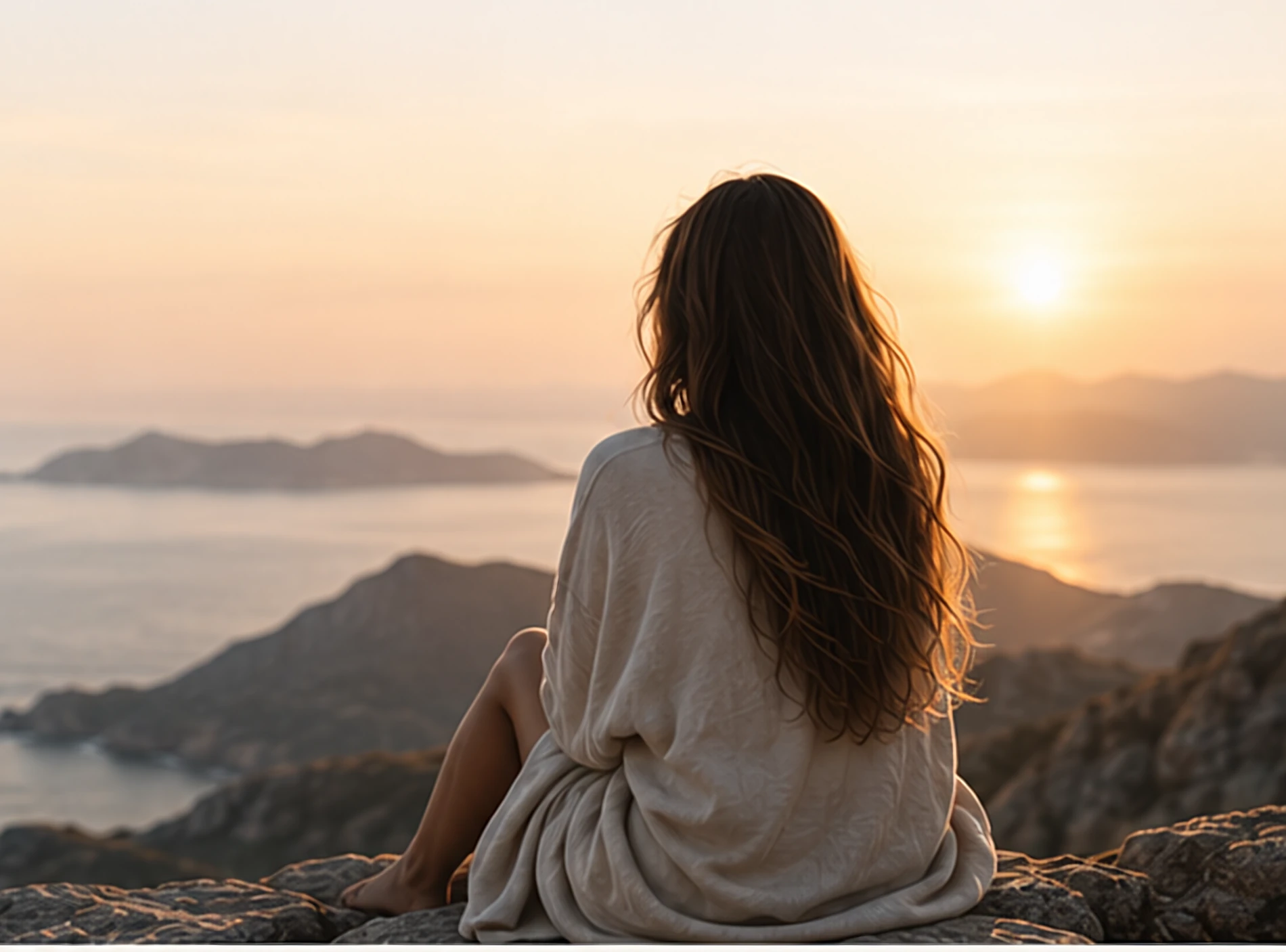 A woman sitting on a cliff edge at sunrise, looking out to sea