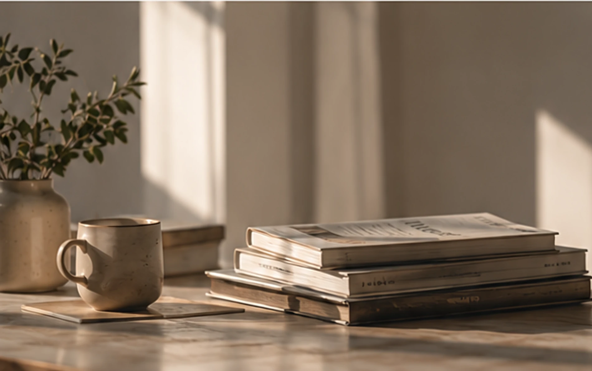 Books, a cup and a plant on a desk in soft light