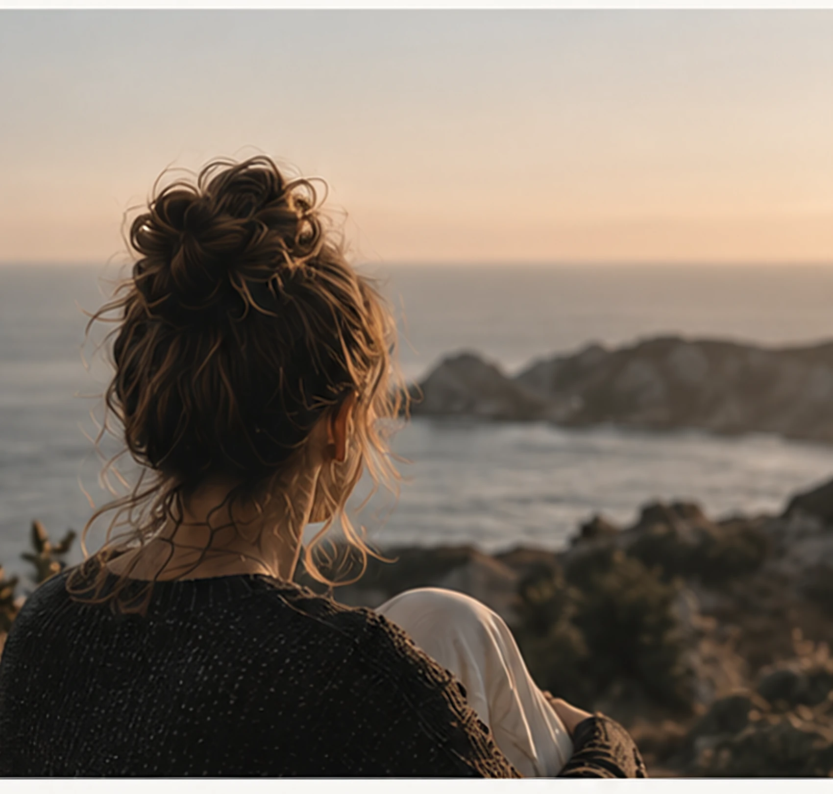 A woman with her hair up, looking out over the sea at dusk