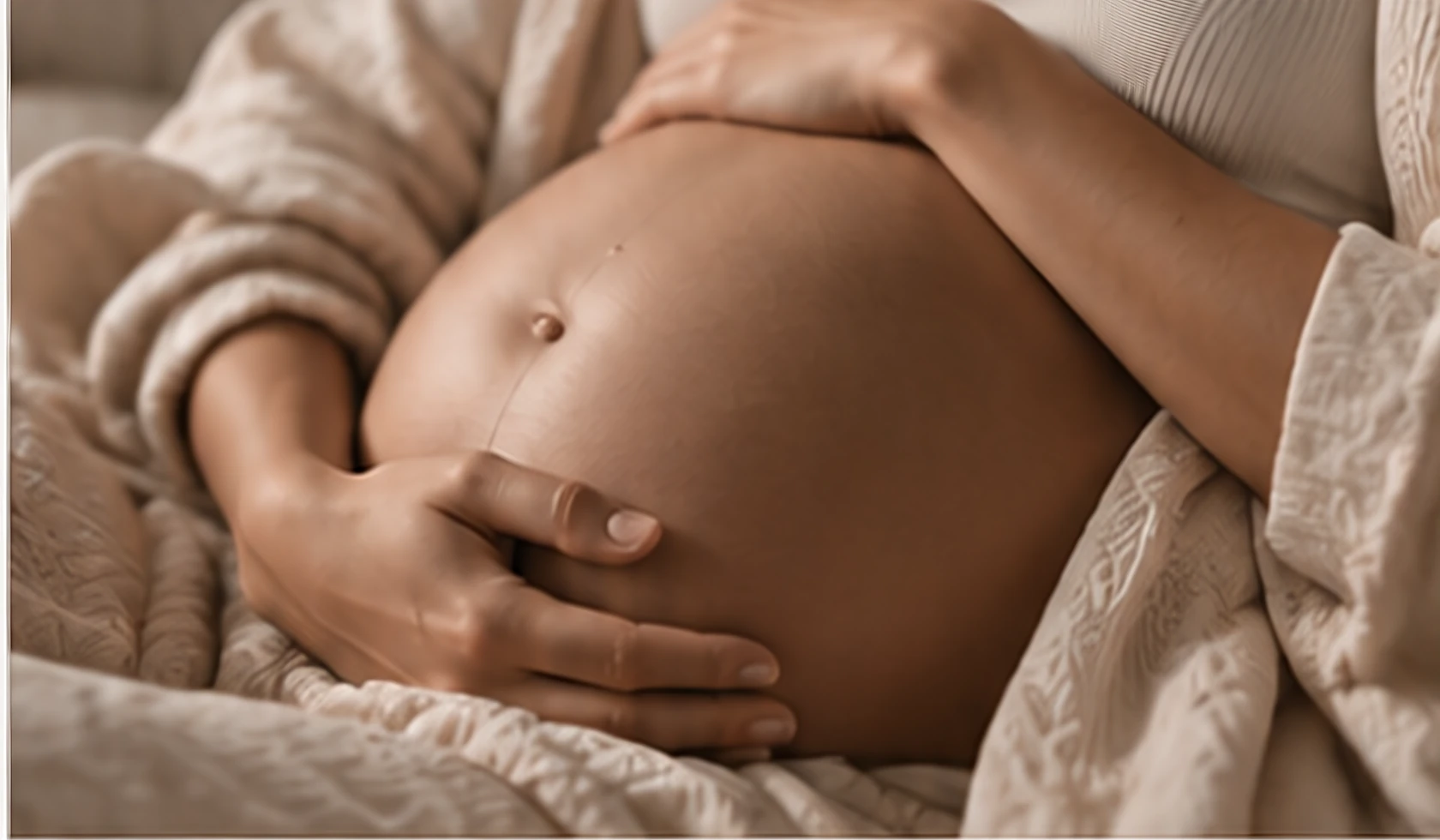 A pregnant woman resting her hands on her belly