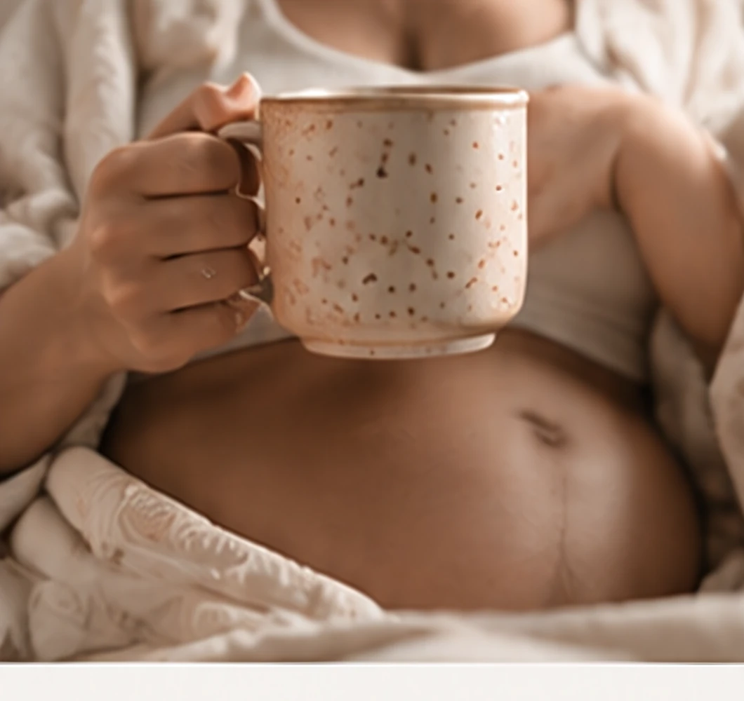 A woman holding a speckled mug