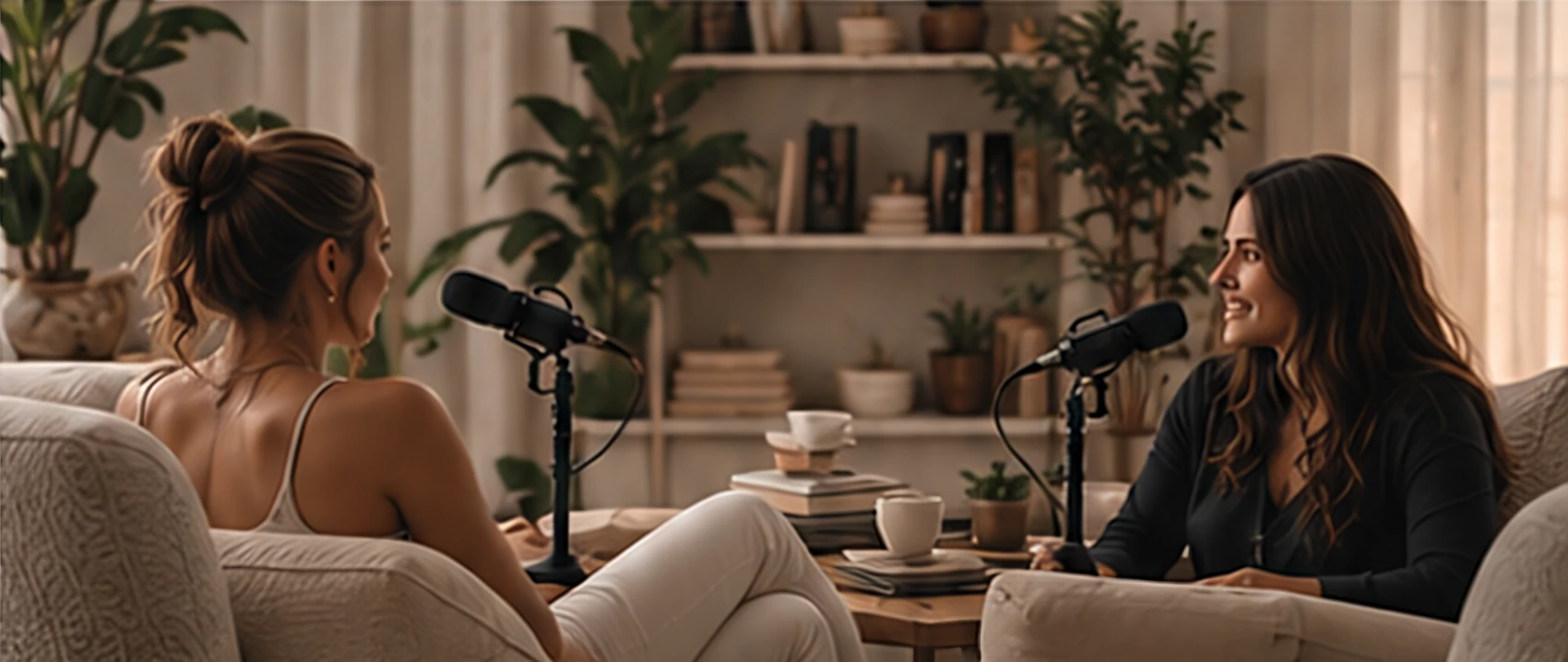 Two women in conversation, microphones between them