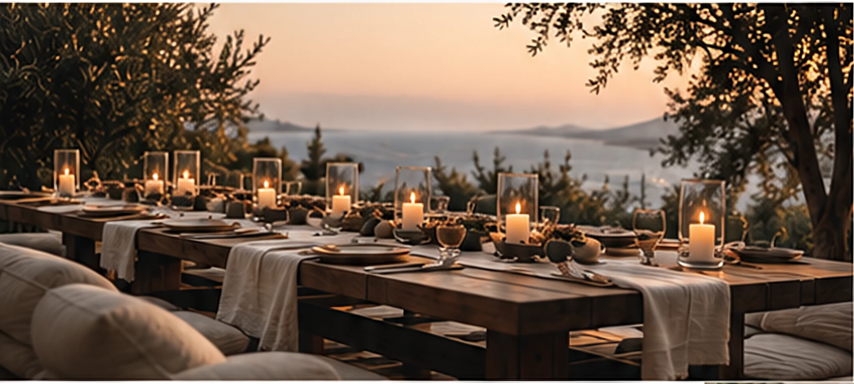 A long table set for dinner at sunset, candles lit