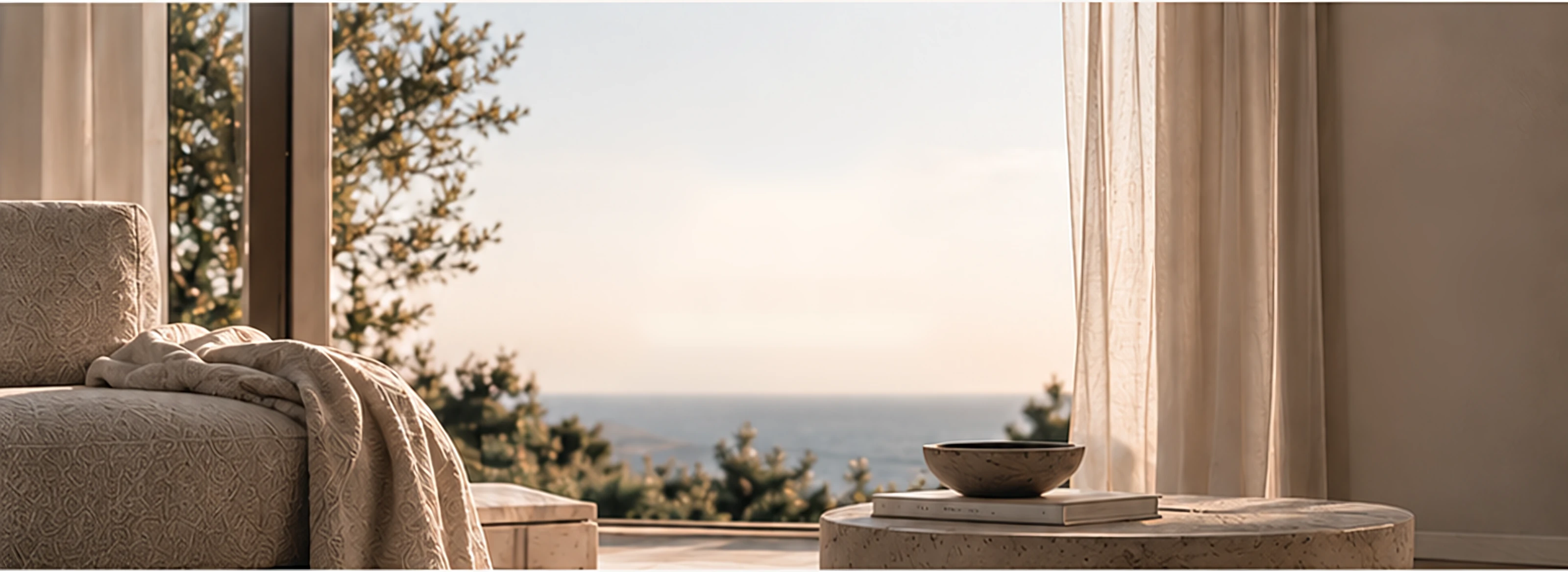 A calm room at golden hour, an open window onto the sea