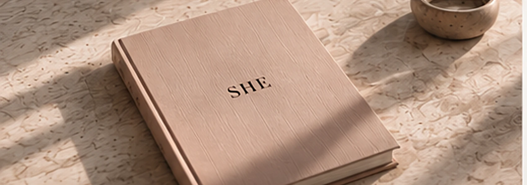 The SHE journal resting on a stone table in soft light