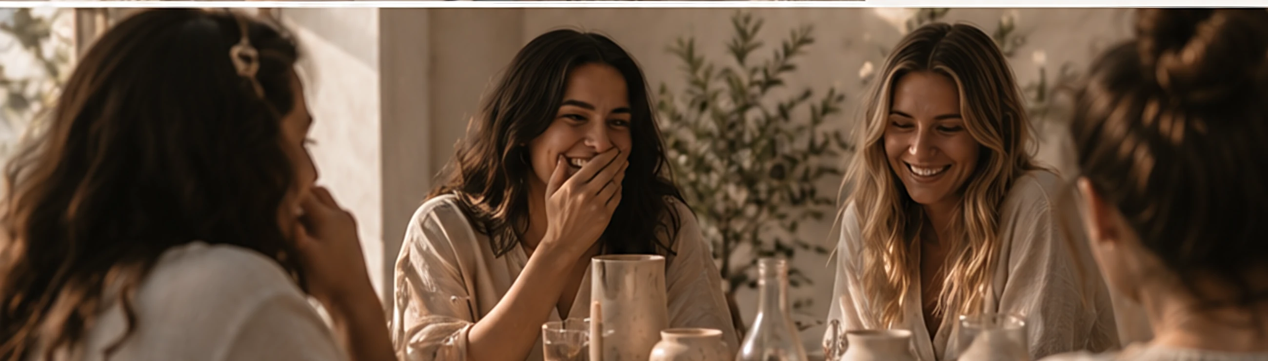 Three women laughing together over coffee
