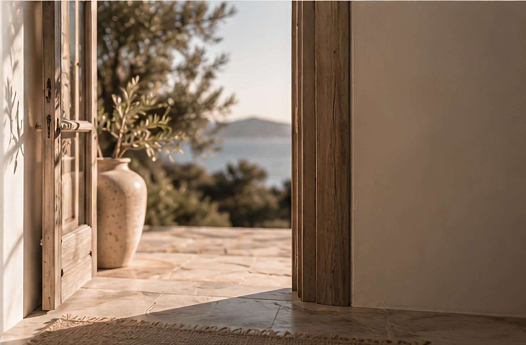 An open wooden door, an olive tree in a stone vase, the sea beyond