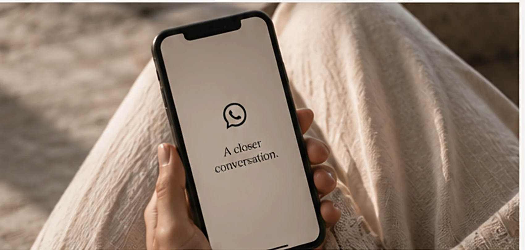 A phone held in a lap, showing the SHE WhatsApp community