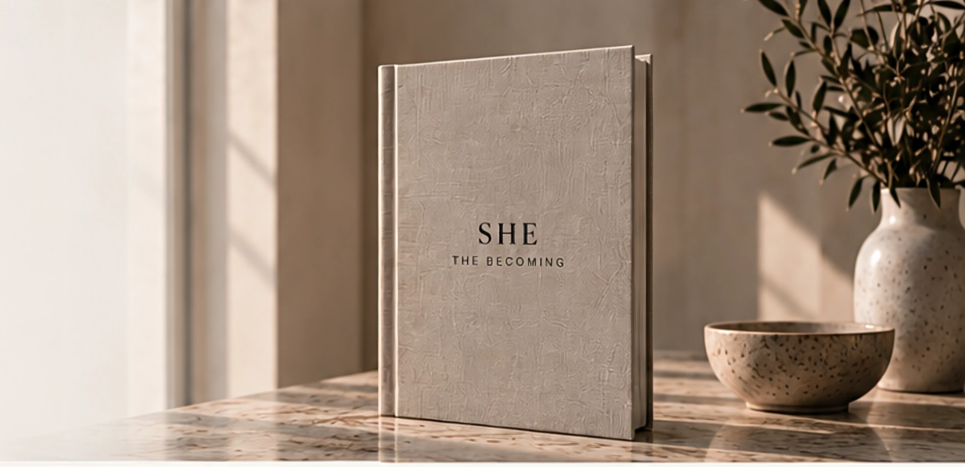 The Becoming journal standing on a marble table beside a bowl and an olive branch